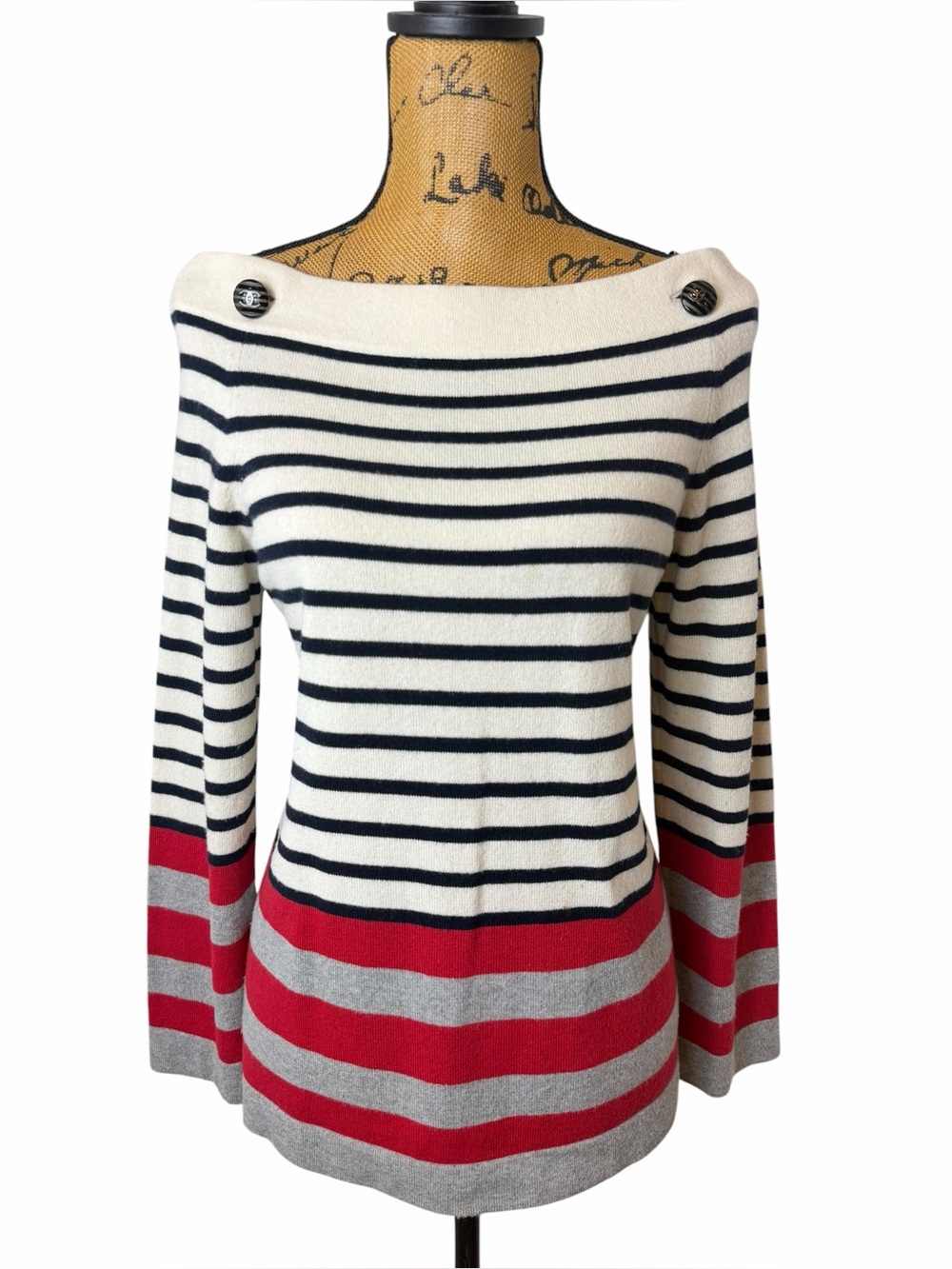 CHANEL 100% Cashmere CC Button Chain Shoulder Breton Sweater FR 40 US 8 - Picture 2 of 15